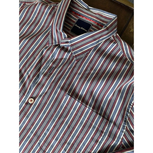 TOMMY‎ BAHAMA MENS SHIRT XL RED CREAM BLUE STRIPED SILK/COTTON LONG SLEEVE - Picture 1 of 8